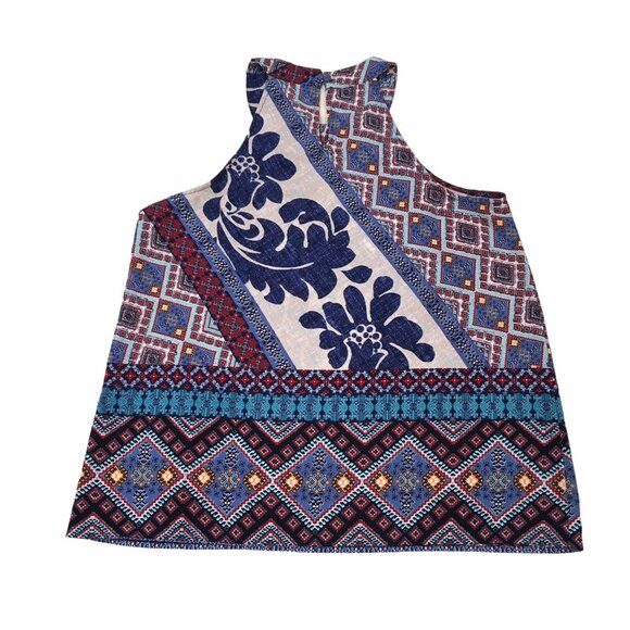 Monteau Halter Tank Top Women Medium Blue Multicolor Print Boho Flowy Colorful - Picture 1 of 8